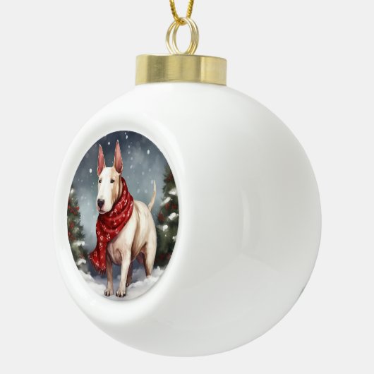 Bull Terrier Hond in Sneeuw Kerstmis Keramische Bal Ornament (Rechts)