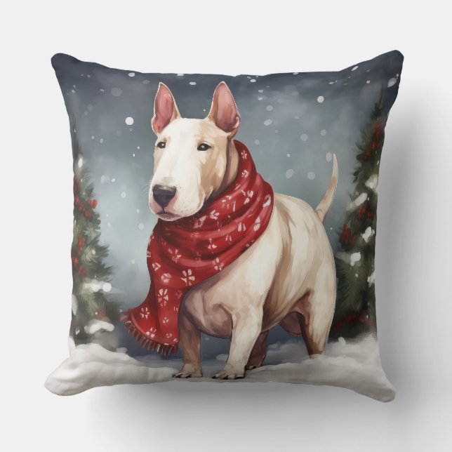 Bull Terrier Hond in Sneeuw Kerstmis Kussen (Voorkant)