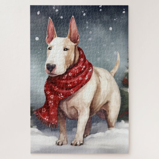 Bull Terrier hond in sneeuw Kerstmis  Legpuzzel (Verticaal)