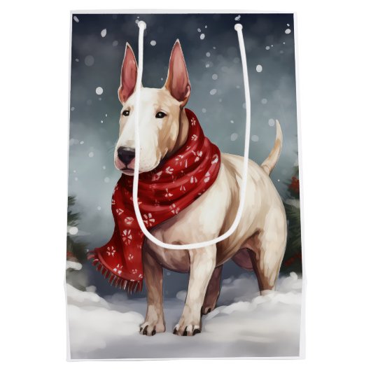 Bull Terrier Hond in Sneeuw Kerstmis Medium Cadeauzakje (Achterkant)