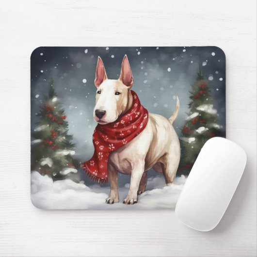 Bull Terrier Hond in Sneeuw Kerstmis Muismat (Met muis)