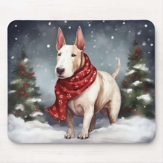 Bull Terrier Hond in Sneeuw Kerstmis Muismat (Voorkant)