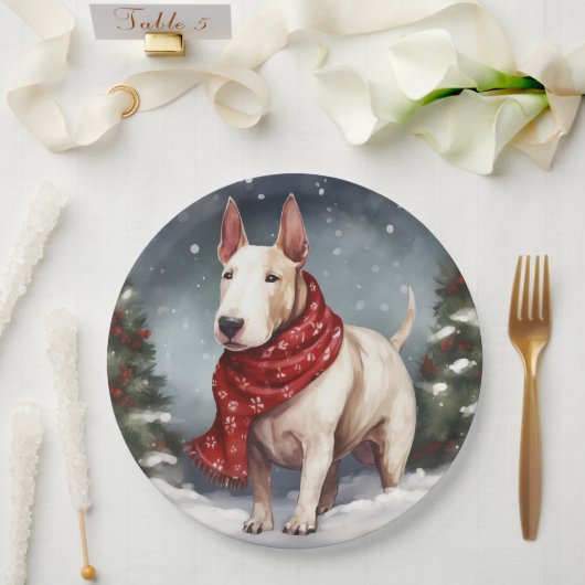 Bull Terrier Hond in Sneeuw Kerstmis Papieren Bordje (Huwelijk)