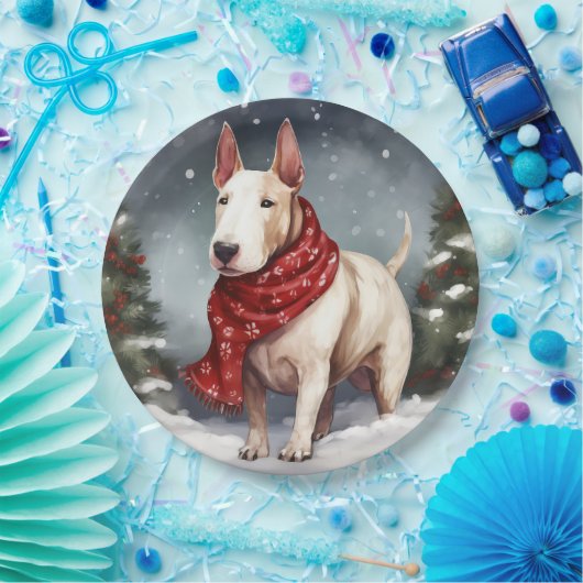 Bull Terrier Hond in Sneeuw Kerstmis Papieren Bordje (Feest)