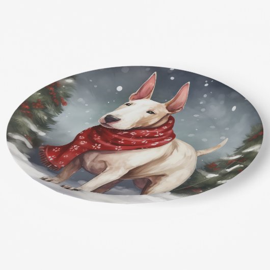 Bull Terrier Hond in Sneeuw Kerstmis Papieren Bordje (Gekanteld)