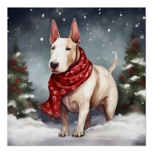 Bull Terrier Hond in Sneeuw Kerstmis Perfect Poster (Voorkant)