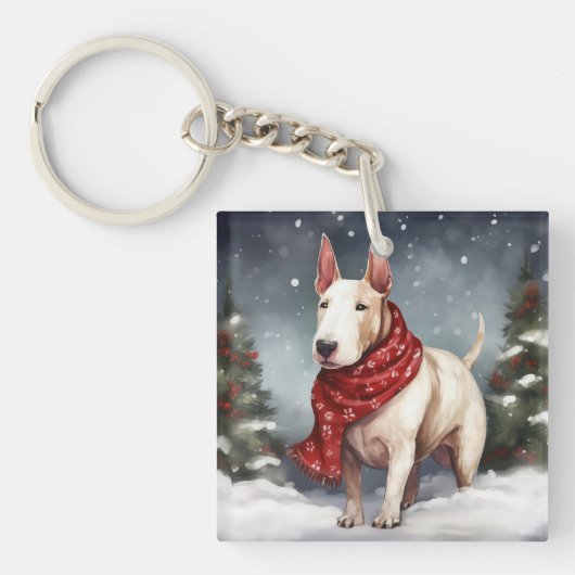 Bull Terrier Hond in Sneeuw Kerstmis Sleutelhanger (Voorkant)