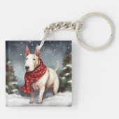 Bull Terrier Hond in Sneeuw Kerstmis Sleutelhanger (Achterkant)