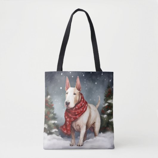 Bull Terrier Hond in Sneeuw Kerstmis Tote Bag (Voorkant)