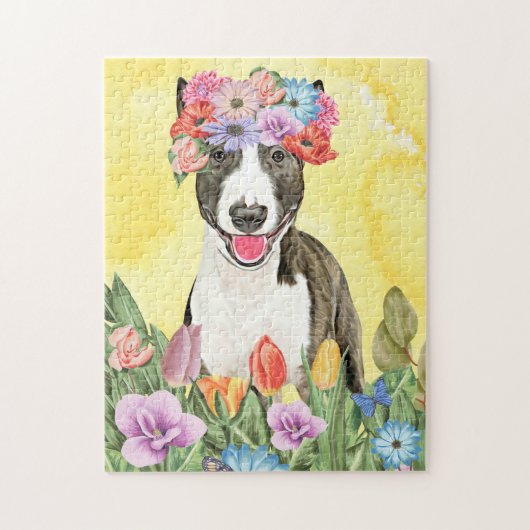 Bull Terrier Hond met Bloemen Lente Legpuzzel (Verticaal)