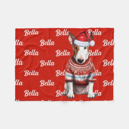 Bull Terrier hond met naam Patroon Kerstmis Fleece Deken (Voorkant (Horizontaal))