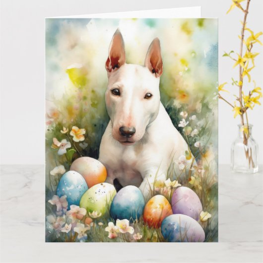 Bull Terrier-hond met Pasen Eieren Vakantie Kaart (Gele Bloem)