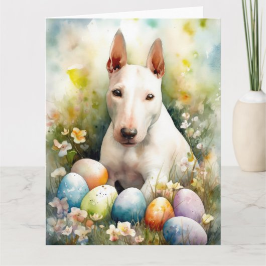 Bull Terrier-hond met Pasen Eieren Vakantie Kaart (Voorkant)