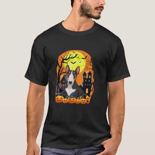 Bull Terrier hond met pompoenen grappige enge Hall T-shirt (Voorkant)