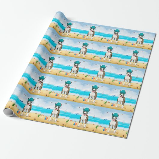 Bull Terrier-hond op het strand Cadeaupapier (Uitgerold)