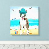 Bull Terrier-hond op het strand Canvas Afdruk (Insitu (Houten vloer))