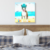 Bull Terrier-hond op het strand Canvas Afdruk (Insitu (Slaapkamer))