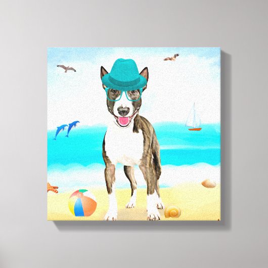 Bull Terrier-hond op het strand Canvas Afdruk (Voorkant)