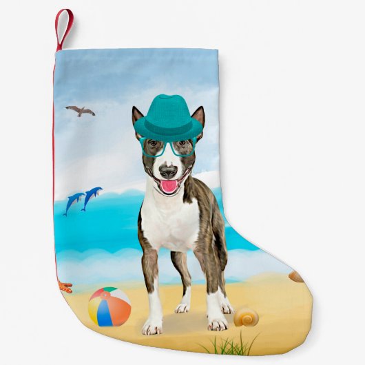 Bull Terrier-hond op het strand Kleine Kerstsok (Voorkant)