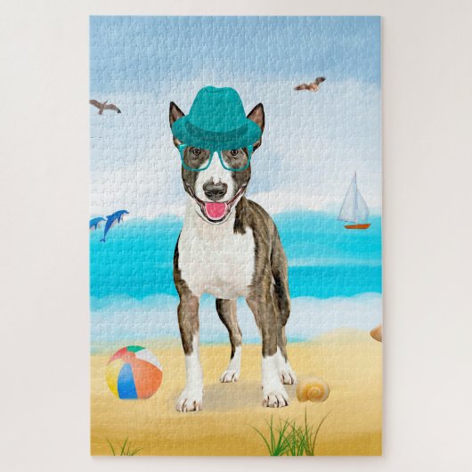 Bull Terrier-hond op het strand Legpuzzel (Verticaal)