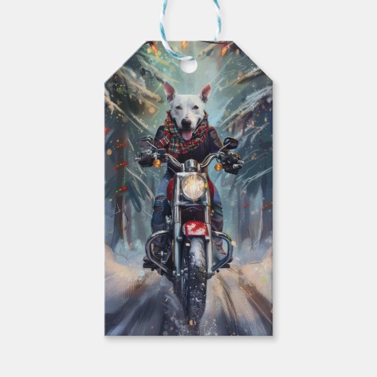 Bull Terrier Hond Rijden Motorfiets Kerstmis Cadeaulabel (Voorkant)