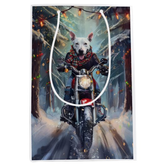 Bull Terrier Hond Rijden Motorfiets Kerstmis Medium Cadeauzakje (Voorkant)