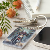 Bull Terrier Hond Rijden Motorfiets Kerstmis Sleutelhanger (Voorkant Rechts)