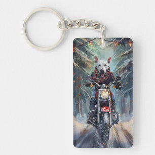 Bull Terrier Hond Rijden Motorfiets Kerstmis Sleutelhanger