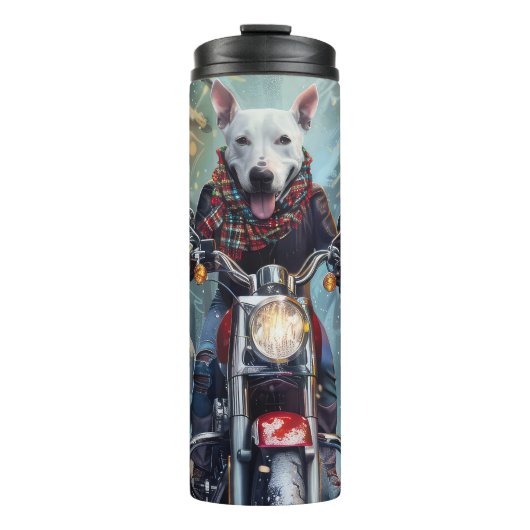 Bull Terrier Hond Rijden Motorfiets Kerstmis Thermosbeker (Voorkant)