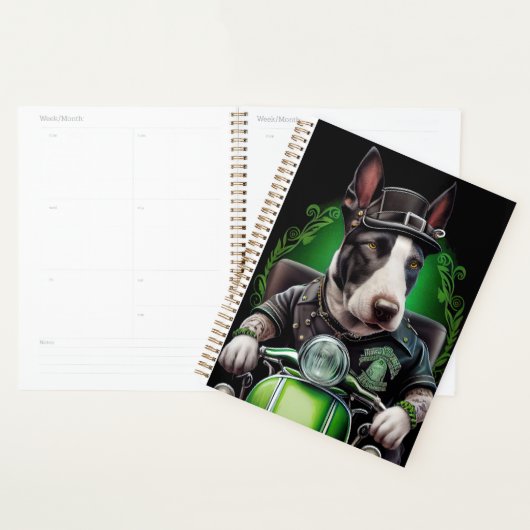 Bull Terrier hond rijdt op fiets St. Patrick's Day Planner (Display)