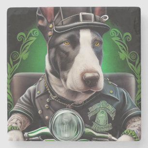 Bull Terrier hond rijdt op fiets St. Patrick's Day Stenen Onderzetter