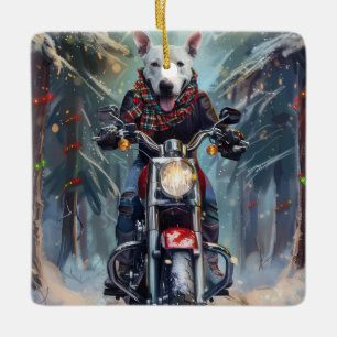 Bull Terrier Hond Rijdt op Motorfiets Kerstmis Keramisch Ornament