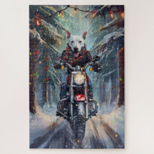 Bull Terrier Hond Rijdt op Motorfiets Kerstmis Legpuzzel