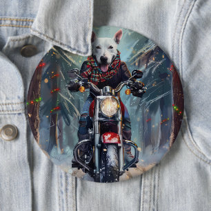 Bull Terrier Hond Rijdt op Motorfiets Kerstmis Ronde Button 6,0 Cm