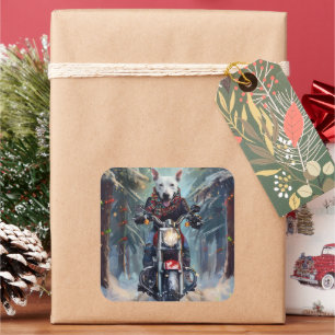 Bull Terrier hond rijdt op motorfiets met Kerstmis Vierkante Sticker