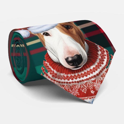 Bull Terrier Hond Rood en Groen Geplaagd Kerstmis Stropdas (Opgerold)