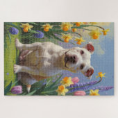 Bull Terrier Hond Spring Bloemen Schilderen Legpuzzel (Horizontaal)