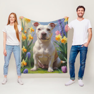 Bull Terrier Hond Voorjaarsbloemen Schilderij  Fleece Deken