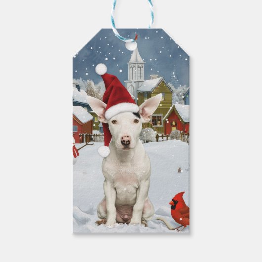 Bull Terrier Hond Winter Wonderland Kerstvreugde Cadeaulabel (Voorkant)