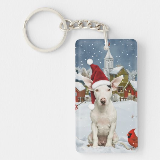 Bull Terrier Hond Winter Wonderland Kerstvreugde Sleutelhanger (Voorkant)