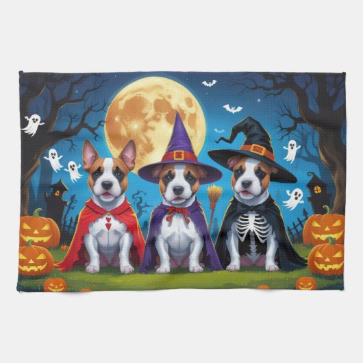Bull Terrier Honden Pompoen Halloween Grappig Theedoek (Horizontaal)