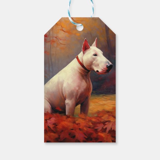 Bull Terrier in de herfst laat Herfst inspireren Cadeaulabel (Achterkant)