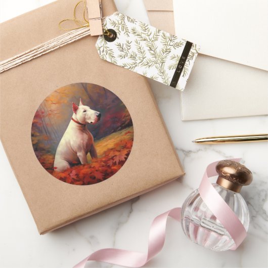 Bull Terrier in de herfst laat Herfst inspireren Ronde Sticker (Geschenken)