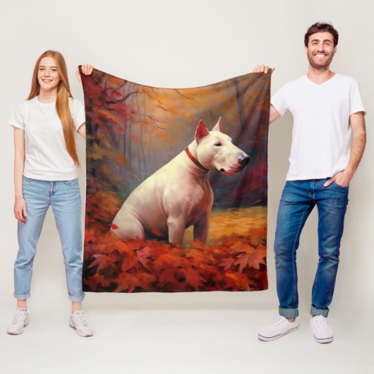 Bull Terrier in herfstbladeren val inspireert Fleece Deken (In situ)