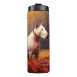 Bull Terrier in herfstbladeren val inspireert Thermosbeker