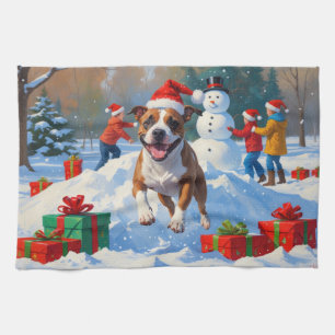 Bull Terrier Kerst Sneeuwlandschap Theedoek