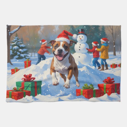 Bull Terrier Kerst Sneeuwlandschap Theedoek (Horizontaal)