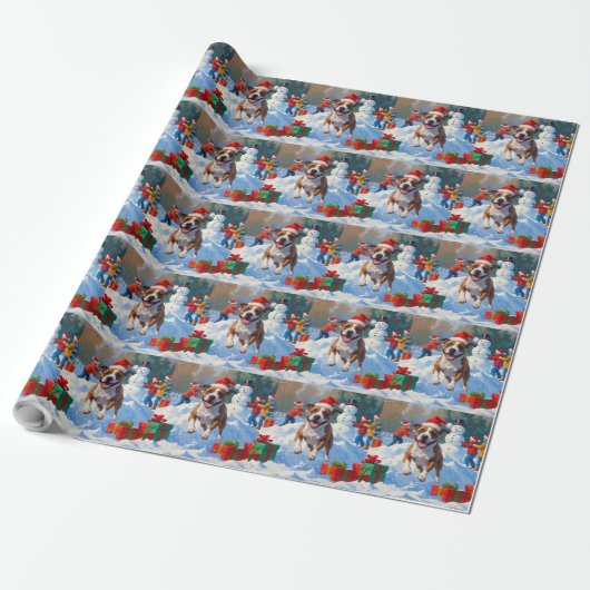 Bull Terrier Kerst Sneeuwscène Cadeaupapier (Uitgerold)