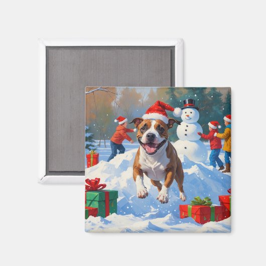 Bull Terrier Kerst Sneeuwscène Magneet (Voorkant / Achterkant)