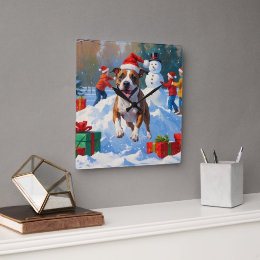 Bull Terrier Kerst Sneeuwscène Vierkante Klok (Kantoor)